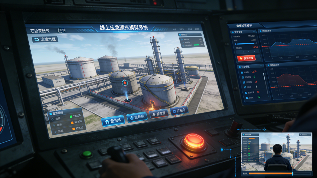Online emergency exercise simulator interface showing 3D virtual emergency response training scenarios