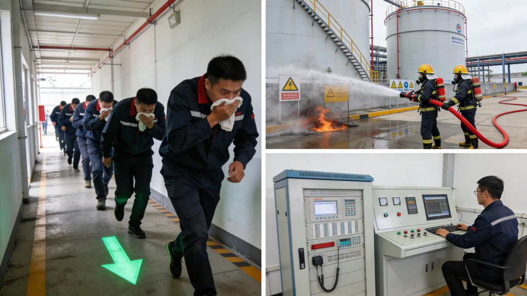 Personnel evacuation and accident handling procedures in on site emergency drills