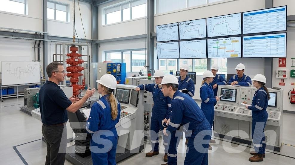 Instructor reviewing well control simulator performance