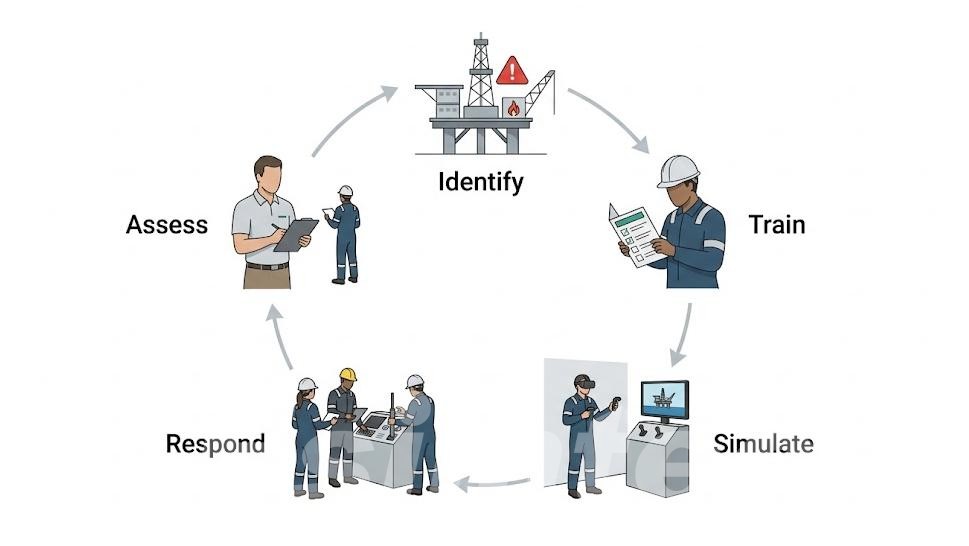 Oil rig emergency training workflow